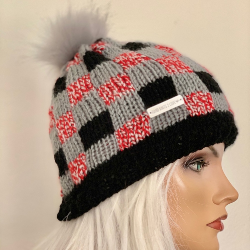 Hand Knits 2 Love Beanie Hat Cap Plaid Designer
